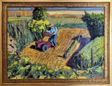 Dipinto olio Peter L Steiner vintage impressionista contadino bucolico campo di lavorazione