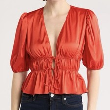 Camicetta Wayf maniche a sbuffo cravatta davanti raso donna taglia XL rosso pomodoro