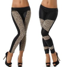 Donna Effetto Lucido Leggings Leopardo Sottile Elasticizzato Sexy Bodycon 36 38