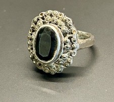 Anello Antico in Argento 925 con Zaffiro Blu Ovale e Marcasiti