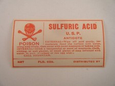 Vintage inutilizzato acido solforico laboratorio farmacia veleno etichetta teschio ossa incrociate H2SO4