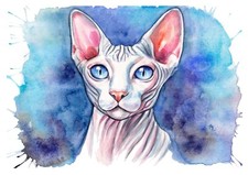 Gatto Sphynx  ritratto moderno acquerello dipinto a mano