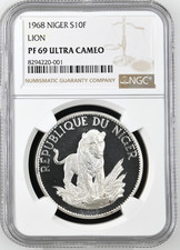 1968 Niger S10F Franchi Proof Moneta Argento Leone Grande Tipo NGC PF69 Ultra Cameo