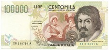 100000 LIRE CARAVAGGIO II TIPO SERIE SOSTITUTIVA XB 04/02/1997 BB/BB+
