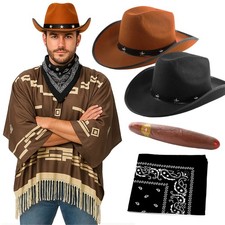 Poncho Western Eastwood marrone borchie cappello cowboy adulti costume stile abito elegante