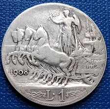 MONETA REGNO 1 LIRA QUADRIGA VELOCE 1908,NC,AG 5  GR,CONSERVAZ.COME DA' FOTO