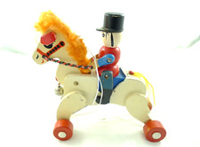 VECCHIO GIOCATTOLO LEGNO VINTAGE GIOCO CARRETTO CAVALLO RUOTE CAVALLINO