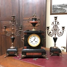 Antico orologio a pendolo trittico parigina in marmo bronzo con candelabri JAPY