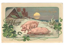 cascina neve maiali quadrifogli ferro cavallo antica cartolina Buon Anno Neujahr