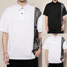 Camicia uomo stampa retrò loose fit collo alto streetwear manica corta