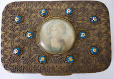 Antique French Gilt Trinket Box With A Portrait Of A Lady& Glass Bead Decoration