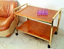 Tavolino da bar carrello in legno burl ottone anni 70 stile Milo Baughman Hollywood Regency