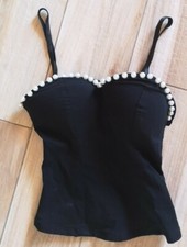 Bustino Bustier Top da sera perle perline sexy nero Corsetto nero, maglia XS