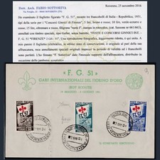 Italia Repubblica 1951 Giochi Ginnici Firenze usati su raro documento Boy Scouts