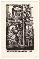 LASZLO LAZAR NAGY: Exlibris für Roland Roveda, "Gutenberg", Druckpresse