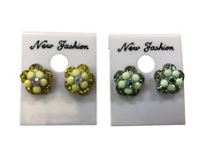 2 PAIA ORECCHINI A LOBO FIORE VERDI E GIALLI CON BRILLANTINI BIGIOTTERIA CM 1