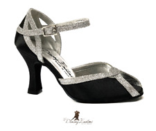 SCARPA DA BALLO DONNA SALSA LATINO TANGO IN RASO NERO E GLITTER ARGENTO 