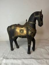 Antico cavallo in legno e rame scultura vintage Rajasthani Marwari epoca