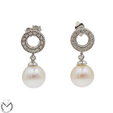 Orecchini oro bianco 18 kt 750 perle 9/9,5 mm zirconi -876/ST-