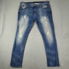 Guess Jeans Uomo Taglia 40x32 Pantaloni Blu Invecchiati Conici Slim Denim **
