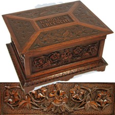 Antico gioiello vittoriano intagliato, scatola da cucire, baule, figura ornata, datato 1873