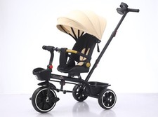 Triciclo Bambini 5in1 Bici Triciclo Passeggino 3 Ruote Baldacchino 80% Assemblato Beige