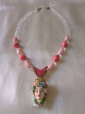 Collana Lunga Siciliana Folkloristica Ciondolo Testa Di Moro Ceramica Rosa Rosso