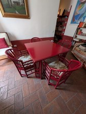 TAVOLO DA GIOCO 4 SEDIE BAMBÙ RATTAN STILE BRIGHTON PAVILLON ANNI '80 ROSSO