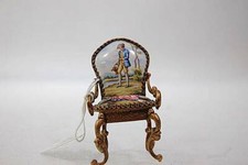 ANTICA SEDIA MINIATURA BAMBOLA SCENA DONNA UOMO OTTONE PORCELLANA FRANCESE