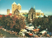 Cartolina Münster Westfalia - Cattedrale di San Paolo, bancarelle del mercato, VW T2 Bulli - 1970 ca.
