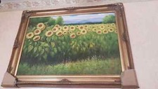 quadro PAESAGGIO GIRASOLI dipinto CORNICE LEGNO FOGLIA ORO OLIO SU TELA 86X116CM