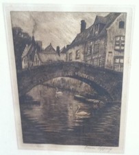 Omer Coppens (1864-1926) acquaforte firmata e numerata di una scena di città con ponte