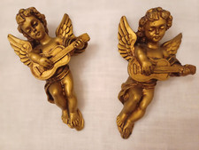 Coppia di putti musicisti, angeli cherubini in antico gesso dorato anni '50