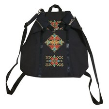Zaino in tessuto nero e ricami etnici multicolore