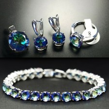 Set 4pz Gioielli Blu Topazio Mistico Gemme Donna Argento Bracciale Collana Orecchino