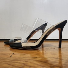 $295 Veronica Barba Asha Tacco 4" Fasce Trasparenti Con Bordo Scamosciato Sandalo 9,5M Nero