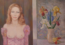 DIPINTO VINTAGE RITRATTO FEMMINILE CON MAZZO DI FIORI QUADRO MODERNO 1980 P33.2