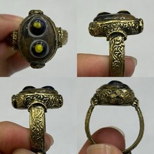 Antico anello romano placcato oro bellissimo vetro mosaico blu unico