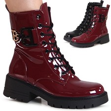Stivali Da Donna In Vernice Plateau Worker Biker Combat Booties Con Ornamento