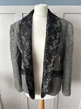 Giacca donna Kendzia taglia 10 blazer grigio tweed con orlo in pizzo nero bottoni