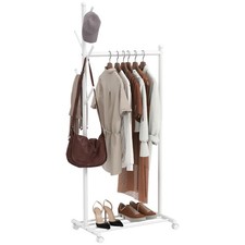 HOMCOM Appendiabiti da Terra con Ruote, 5 Ganci e Ripiano Porta Scarpe Bianco