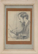 Antico QUADRO Dipinto CARBONCINO OPERA DISEGNO Firmato ALBINI Ritratto Pittore