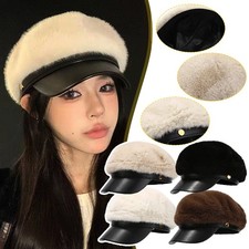 Cappello ottagonale in pelliccia di visone imitazione donna invernale caldo tesa PU cappello newsboy