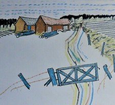 Stig John Claesson, 1928-2008 litografia a colori 1975: MAGAZZINI E TRONCHI DI LEGNO SUL BOSCO