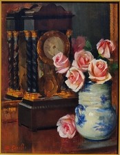 Eugenio Farello ( Torino 1894 - 1955 ). Rose in vaso con orologio,olio su tavola
