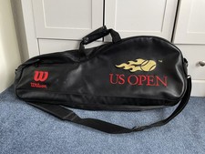 Borsa da tennis Wilson originale vintage US OPEN custodia con cerniera ricamata in pelle nera