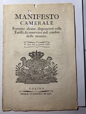 REGNO DI SARDEGNA MANIFESTO CAMERALE TARIFFA CAMBIO MONETE TORINO 1786 