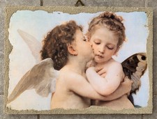 Quadro stampa angeli su tavola in legno decorata con materiale grezzo sabbioso 