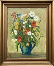 Dipinto A Olio AD 1959 Natura Morta Con Fiori Bouquet Estivo 62 X 50 Cm Vintage
