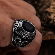 Anello Uomo Satanico Illuminati Massonico Onice Nera Acciaio Inox Misura 7-15 Regalo